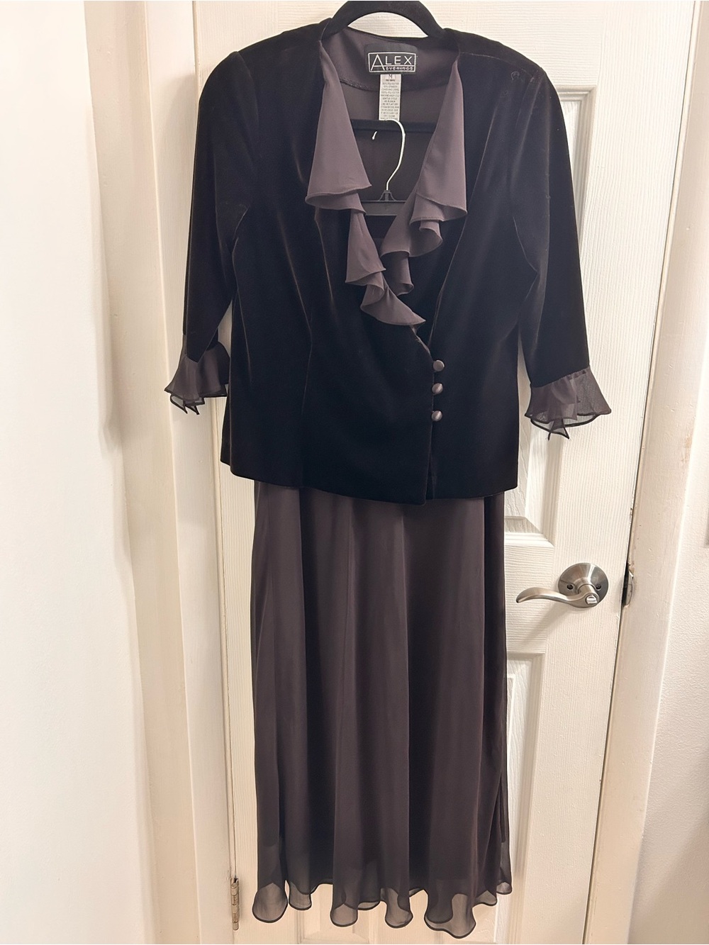 Alex Evenings Dark Brown Velvet Jacket with Charcoal Chiffon Maxi Skirt
